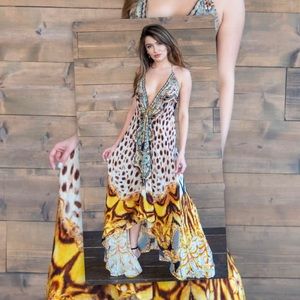 WOW Vaid Design Cheetah Crystal Halter Maxi Dress